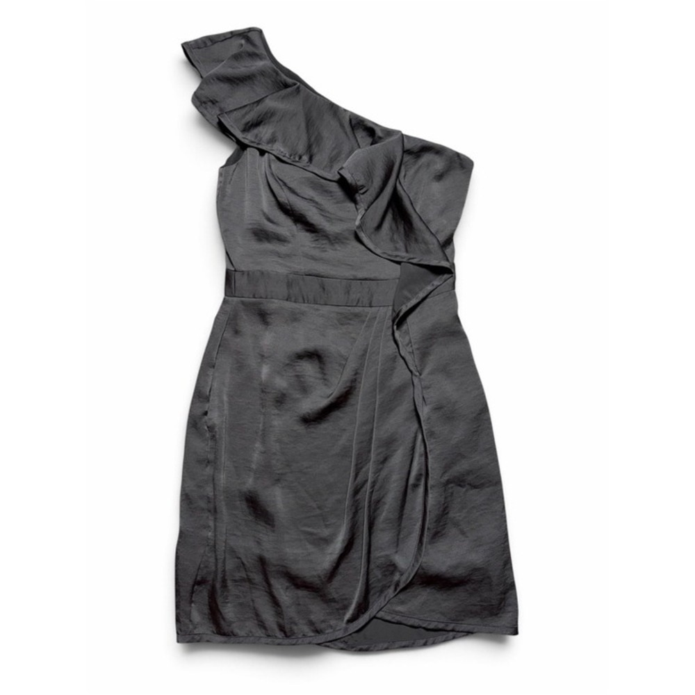 BCBGeneration Charcoal Gray Satin One Shoulder Ruffle Cocktail Dress KYI6O495